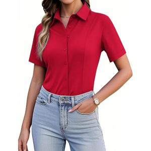 imagesiliteelon Womens Button Down Shirts Slim fit Short Sleeve Stretch Dress Shirts WrinkleFree Solid Work BlouseRed