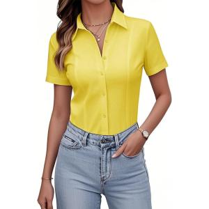 imagesiliteelon Womens Button Down Shirts Slim fit Short Sleeve Stretch Dress Shirts WrinkleFree Solid Work BlouseYellow