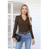 imageVICHYIE Womens Long Sleeve Shirts Lapel V Neck Slim Fitted Ribbed Knit Trendy Tight Polo TopsLongbrown
