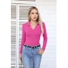 imageVICHYIE Womens Long Sleeve Shirts Lapel V Neck Slim Fitted Ribbed Knit Trendy Tight Polo TopsLonghot Pink