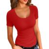 imageVICHYIE Summer Womens Scoop Neck Short Sleeve Shirts Ribbed Slim Fitted Casual Basic Top BlousesRed