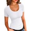 imageVICHYIE Summer Womens Scoop Neck Short Sleeve Shirts Ribbed Slim Fitted Casual Basic Top BlousesWhite