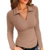 imageVICHYIE Womens Long Sleeve Shirts Lapel V Neck Slim Fitted Ribbed Knit Trendy Tight Polo TopsLongkhaki