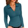 imageVICHYIE Womens Long Sleeve Shirts Lapel V Neck Slim Fitted Ribbed Knit Trendy Tight Polo TopsLongteal