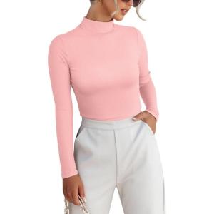 imageVICHYIE Women Long Sleeve Shirt Mock Neck Ribbed Knit Slim Fitted Fall Clothes UnderwearLight Pinkno Fleece Lined