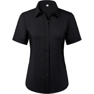 imagesiliteelon Womens Stain Shield Dress Shirts Wrinkle Free Short Sleeve Solid Tops Blouses Button Down ShirtsBlack