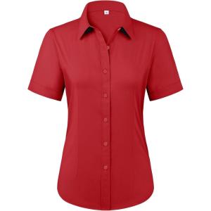 imagesiliteelon Womens Stain Shield Dress Shirts Wrinkle Free Short Sleeve Solid Tops Blouses Button Down ShirtsBright Red