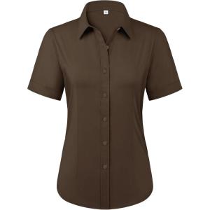 imagesiliteelon Womens Stain Shield Dress Shirts Wrinkle Free Short Sleeve Solid Tops Blouses Button Down ShirtsBrown