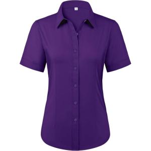 imagesiliteelon Womens Stain Shield Dress Shirts Wrinkle Free Short Sleeve Solid Tops Blouses Button Down ShirtsDark Purple