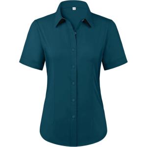 imagesiliteelon Womens Stain Shield Dress Shirts Wrinkle Free Short Sleeve Solid Tops Blouses Button Down ShirtsInk Blue