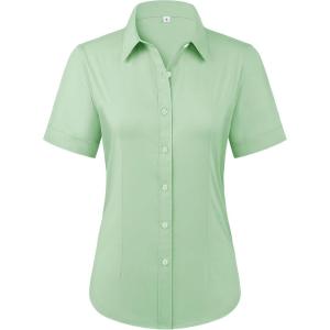 imagesiliteelon Womens Stain Shield Dress Shirts Wrinkle Free Short Sleeve Solid Tops Blouses Button Down ShirtsLight Green