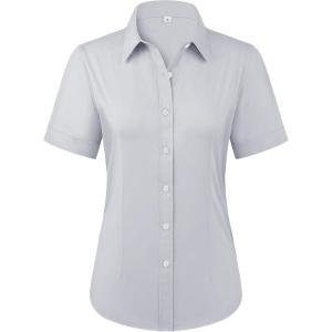imagesiliteelon Womens Stain Shield Dress Shirts Wrinkle Free Short Sleeve Solid Tops Blouses Button Down ShirtsLight Grey