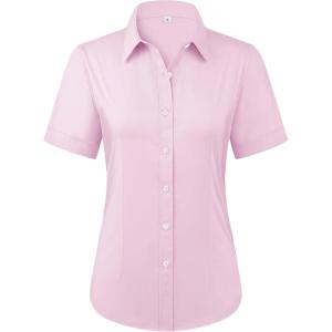 imagesiliteelon Womens Stain Shield Dress Shirts Wrinkle Free Short Sleeve Solid Tops Blouses Button Down ShirtsLight Pink