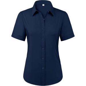 imagesiliteelon Womens Stain Shield Dress Shirts Wrinkle Free Short Sleeve Solid Tops Blouses Button Down ShirtsNavy Blue