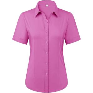 imagesiliteelon Womens Stain Shield Dress Shirts Wrinkle Free Short Sleeve Solid Tops Blouses Button Down ShirtsRose Red