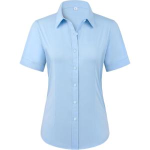 imagesiliteelon Womens Stain Shield Dress Shirts Wrinkle Free Short Sleeve Solid Tops Blouses Button Down ShirtsSky Blue