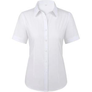 imagesiliteelon Womens Stain Shield Dress Shirts Wrinkle Free Short Sleeve Solid Tops Blouses Button Down ShirtsWhite