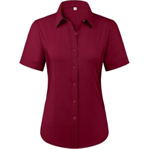 imagesiliteelon Womens Stain Shield Dress Shirts Wrinkle Free Short Sleeve Solid Tops Blouses Button Down ShirtsWine Red