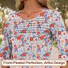 imageBlingfit 34 Length Sleeve Womens Tops Dressy Casual Shirts Ruffle Bell Sleeve Front Pleated Fasion Trendy Summer BlousesRed Flowers and Blue Leaves