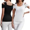 imageBlingfit Cold Shoulder Tops Summer Tunic Shirts for Women T Shirts V Neck Short Sleeve Casual Tees Blouses 2025Blackwhite