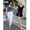imageBlingfit Cold Shoulder Tops Summer Tunic Shirts for Women T Shirts V Neck Short Sleeve Casual Tees Blouses 2025Blue Printed Flower
