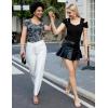 imageBlingfit Cold Shoulder Tops Summer Tunic Shirts for Women T Shirts V Neck Short Sleeve Casual Tees Blouses 2025White Printed Flower