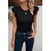 imageVICHYIE Summer Womens Shirt Short Ruffle Sleeve V NeckRound Neck Ribbed Casual Tshirt Fitted Tops BlousesOblack