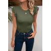 imageVICHYIE Summer Womens Shirt Short Ruffle Sleeve V NeckRound Neck Ribbed Casual Tshirt Fitted Tops BlousesOgreen