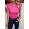imageVICHYIE Summer Womens Shirt Short Ruffle Sleeve V NeckRound Neck Ribbed Casual Tshirt Fitted Tops BlousesOhot Pink