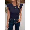 imageVICHYIE Summer Womens Shirt Short Ruffle Sleeve V NeckRound Neck Ribbed Casual Tshirt Fitted Tops BlousesOnavy