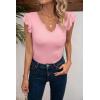imageVICHYIE Summer Womens Shirt Short Ruffle Sleeve V NeckRound Neck Ribbed Casual Tshirt Fitted Tops BlousesVpink