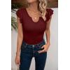 imageVICHYIE Summer Womens Shirt Short Ruffle Sleeve V NeckRound Neck Ribbed Casual Tshirt Fitted Tops BlousesVwine Red
