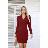 imageVICHYIE Women Lapel Neck Ribbed Bodycon Tight Fall Dress Long Sleeve Mid Thigh Pencil Above Knee DressesWine Red
