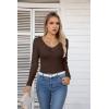 imageVICHYIE Womens Long Sleeve Shirts V Neck Ruffle Hem Slim Fitted Ribbed Knit Trendy Tee Tight TopsLongbrown