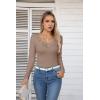 imageVICHYIE Womens Long Sleeve Shirts V Neck Ruffle Hem Slim Fitted Ribbed Knit Trendy Tee Tight TopsLongkhaki