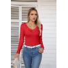 imageVICHYIE Womens Long Sleeve Shirts V Neck Ruffle Hem Slim Fitted Ribbed Knit Trendy Tee Tight TopsLongred