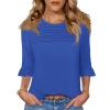 imageBlingfit 34 Length Sleeve Womens Tops Dressy Casual Shirts Ruffle Bell Sleeve Front Pleated Fasion Trendy Summer BlousesAblue