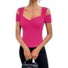 imageBlingfit Cold Shoulder Tops Summer Tunic Shirts for Women T Shirts V Neck Short Sleeve Casual Tees Blouses 2025Rose Red