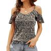 imageBlingfit Women Summer Cold Shoulder Tops Loose V Neck Short Sleeve Blouses Sexy Casual Ruffle Sleeves Tunic Shirts SXXLAblackflower