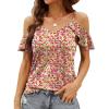 imageBlingfit Women Summer Cold Shoulder Tops Loose V Neck Short Sleeve Blouses Sexy Casual Ruffle Sleeves Tunic Shirts SXXLAwhite Pink Flower