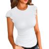 imageVICHYIE Summer Womens Shirt Short Ruffle Sleeve V NeckRound Neck Ribbed Casual Tshirt Fitted Tops BlousesOwhite