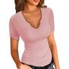 imageVICHYIE T Shirts for Women Summer Short Sleeves V Neck Slim Fitted Casual Tops Blouses Shirt Basic Tee Pink XL