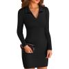 imageVICHYIE Women Lapel Neck Ribbed Bodycon Tight Fall Dress Long Sleeve Mid Thigh Pencil Above Knee DressesBlack