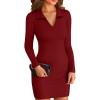 imageVICHYIE Women Lapel Neck Ribbed Bodycon Tight Fall Dress Long Sleeve Mid Thigh Pencil Above Knee DressesWine Red