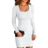imageVICHYIE Women Square Neck Ribbed Bodycon Tight Dress Long Sleeve Mid Thigh Pencil Above Knee DressesWhite