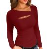 imageVICHYIE Womens Fashion Fall Clothes One Piece Cutout Tops Long Sleeve Ribbed Slim Fitted Shirts Tee TshirtsLongwine Red
