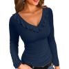imageVICHYIE Womens Long Sleeve Shirts V Neck Ruffle Hem Slim Fitted Ribbed Knit Trendy Tee Tight TopsLong Navy Blue