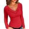 imageVICHYIE Womens Long Sleeve Shirts V Neck Ruffle Hem Slim Fitted Ribbed Knit Trendy Tee Tight TopsLongred