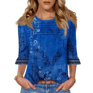 imageBlingfit 34 Length Sleeve Womens Tops Dressy Casual Shirts Ruffle Bell Sleeve Front Pleated Fasion Trendy Summer BlousesBblue Background Printing