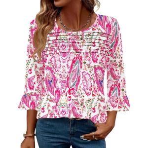 imageBlingfit 34 Length Sleeve Womens Tops Dressy Casual Shirts Ruffle Bell Sleeve Front Pleated Fasion Trendy Summer BlousesBppv